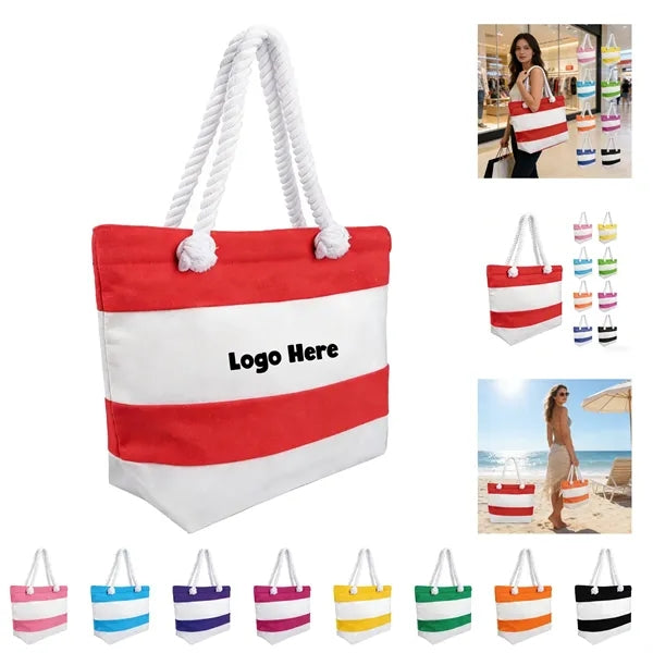 12oz Jute Rope Spliced Color Block Striped Canvas Bag