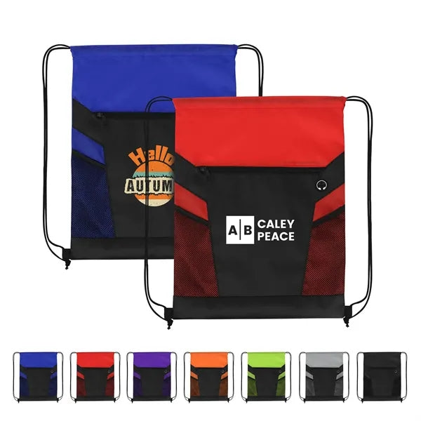 Drawstring Backpack with Zipper and Mesh Pockets