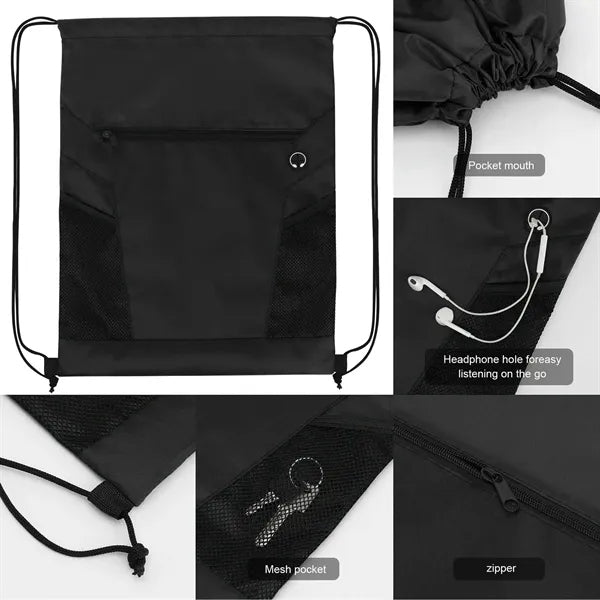 Drawstring Backpack with Zipper and Mesh Pockets