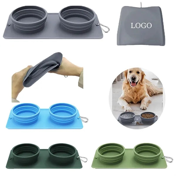 Collapsible Silicone Double Dog Bowl Travel