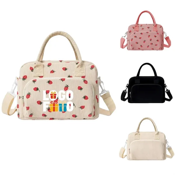 Strawberry Corduroy Insulated Lunch Bag for Daily Picnic
