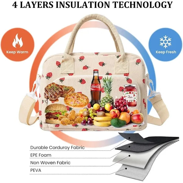 Strawberry Corduroy Insulated Lunch Bag for Daily Picnic