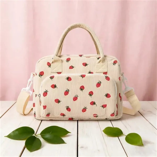 Strawberry Corduroy Insulated Lunch Bag for Daily Picnic