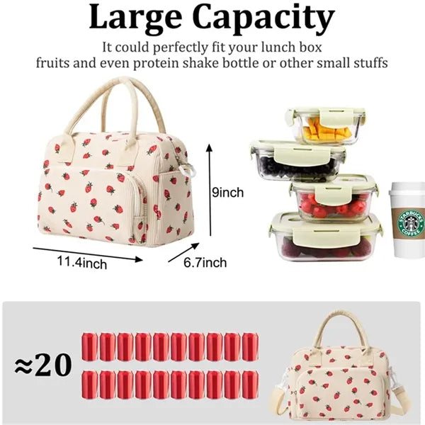 Strawberry Corduroy Insulated Lunch Bag for Daily Picnic