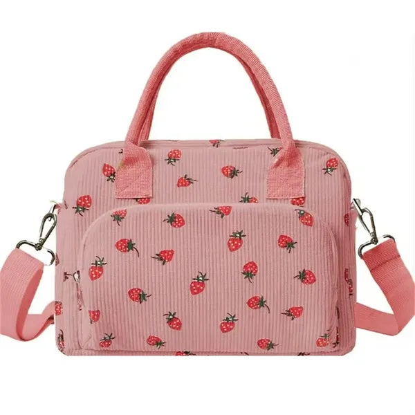 Strawberry Corduroy Insulated Lunch Bag for Daily Picnic