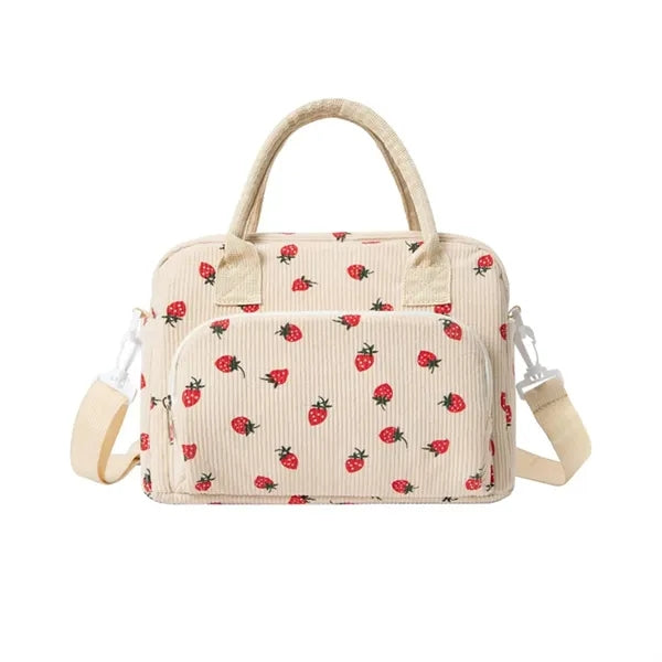Strawberry Corduroy Insulated Lunch Bag for Daily Picnic