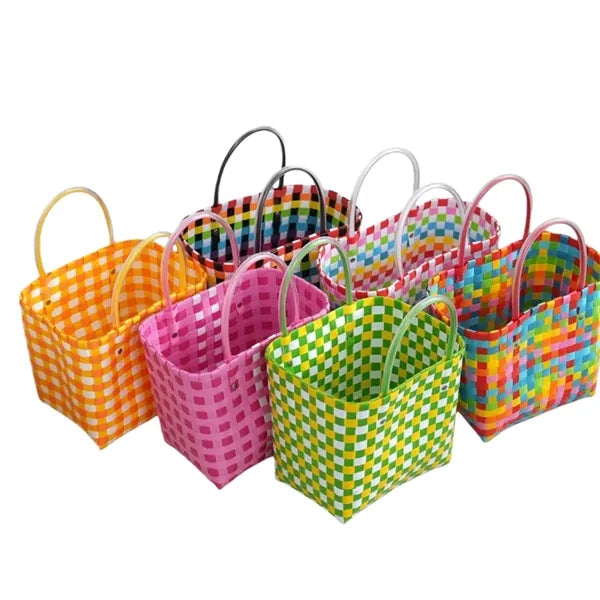 Colorful Woven Plastic Tote Basket for Beach Shopping Picnic