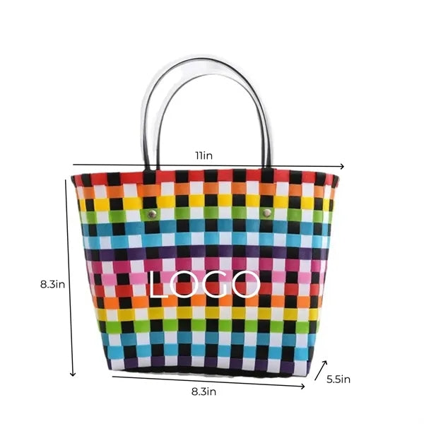Colorful Woven Plastic Tote Basket for Beach Shopping Picnic