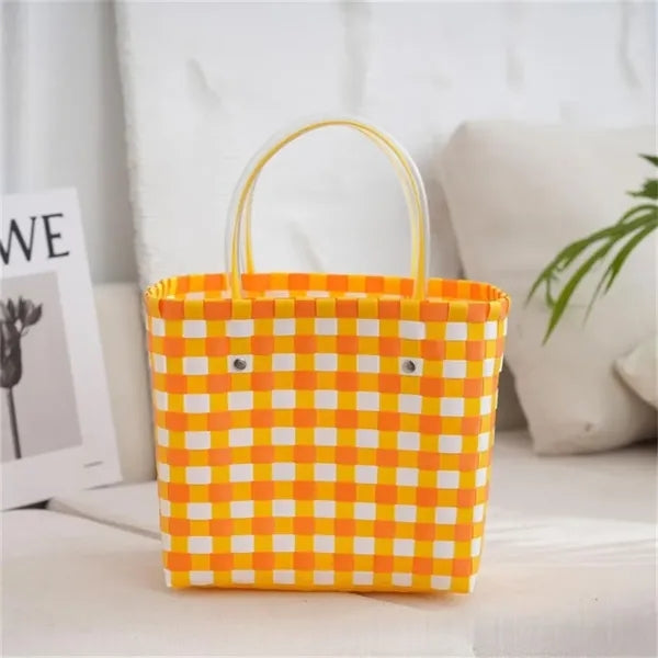 Colorful Woven Plastic Tote Basket for Beach Shopping Picnic