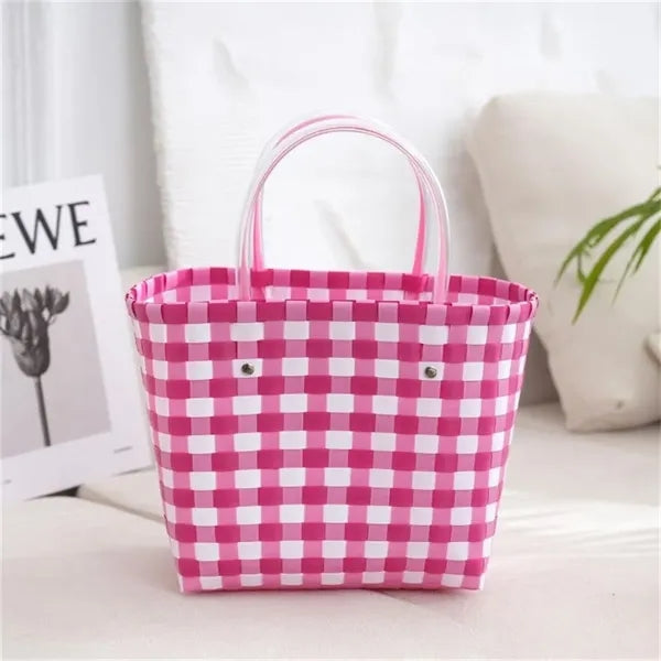 Colorful Woven Plastic Tote Basket for Beach Shopping Picnic