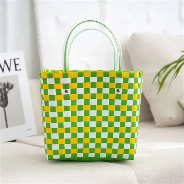 Colorful Woven Plastic Tote Basket for Beach Shopping Picnic