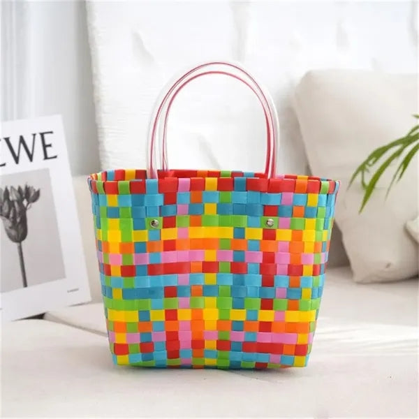 Colorful Woven Plastic Tote Basket for Beach Shopping Picnic