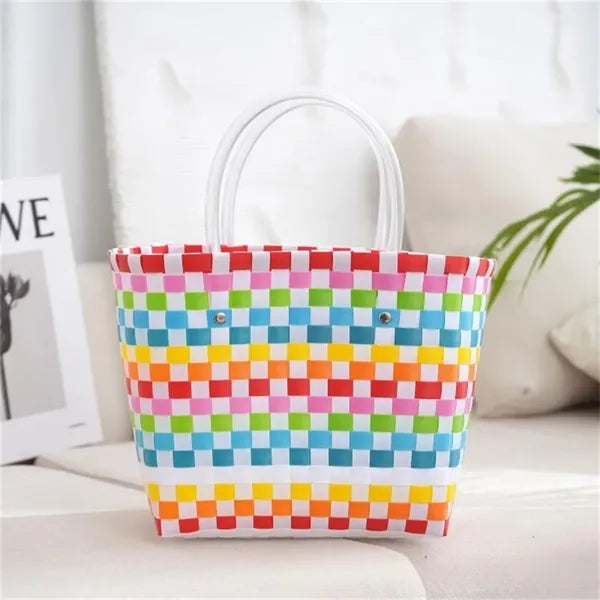 Colorful Woven Plastic Tote Basket for Beach Shopping Picnic