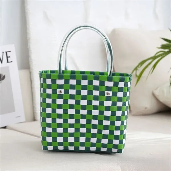 Colorful Woven Plastic Tote Basket for Beach Shopping Picnic