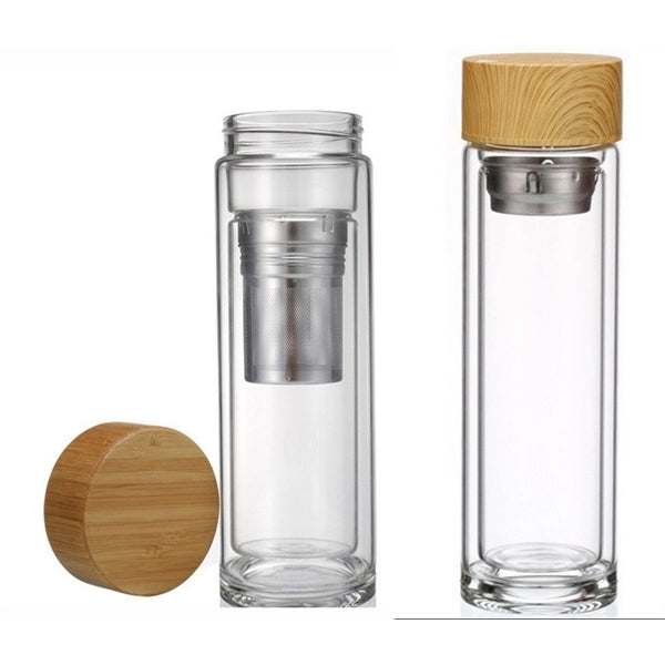 15 oz Double Wall Glass Bottle with Tea Infuser & Bamboo Lid