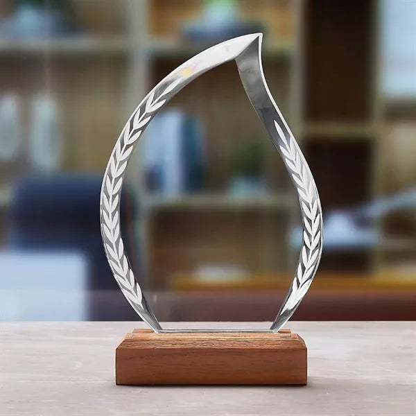 Teardrop Shaped Crystal Award Trophy w/ Wood Base