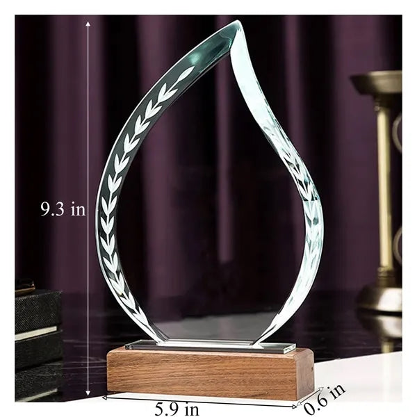Teardrop Shaped Crystal Award Trophy w/ Wood Base