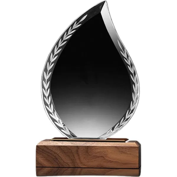 Teardrop Shaped Crystal Award Trophy w/ Wood Base