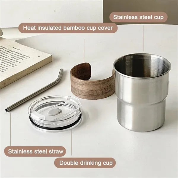 10oz Wooden Sleeve Stainless Steel Straw Cup