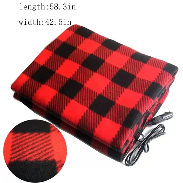 12V Car Electric Heated Fleece Plaid Blanket