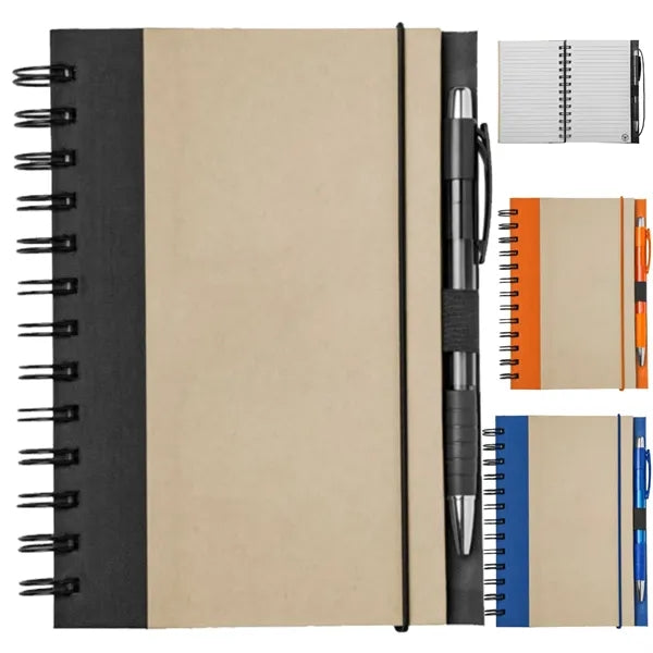 Eco-Friendly Brown Paper Spiral Notebook w/ Pen