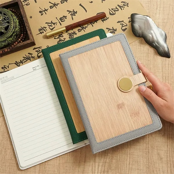 A5 PU Leather Metal Clasp Wood Grain Notebook