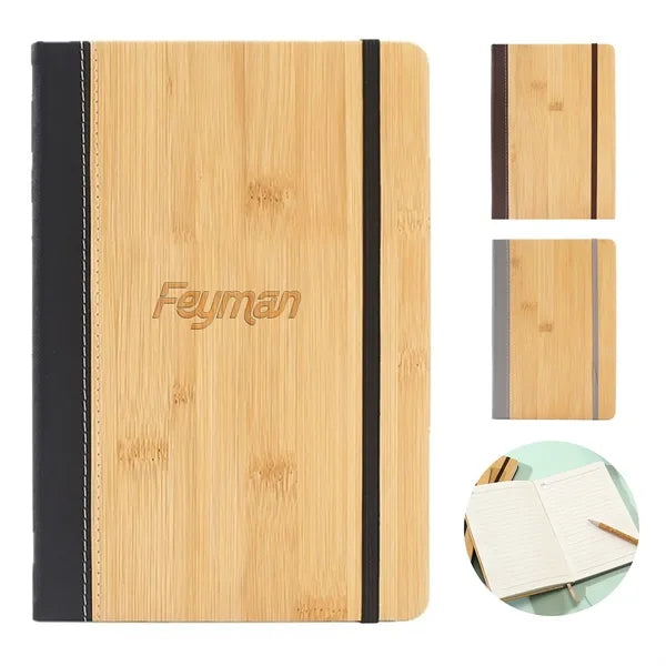 A5 Bamboo-Pattern PU Leather Notebook w/ Elastic Band
