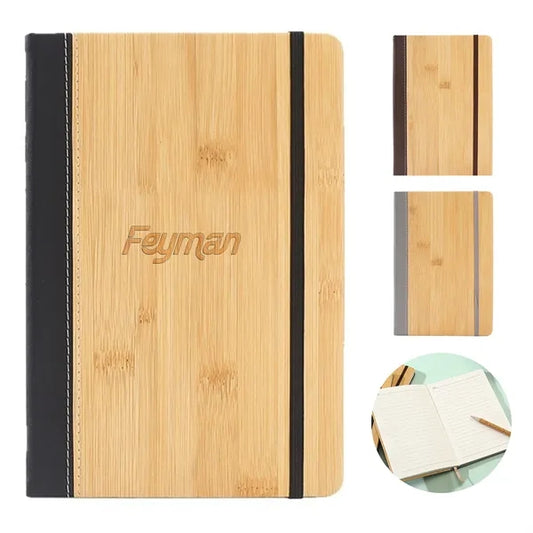 A5 Bamboo-Pattern PU Leather Notebook w/ Elastic Band