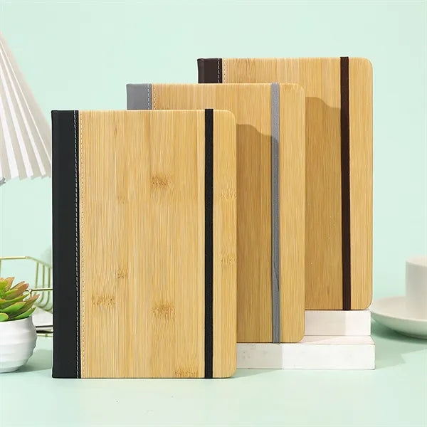 A5 Bamboo-Pattern PU Leather Notebook w/ Elastic Band