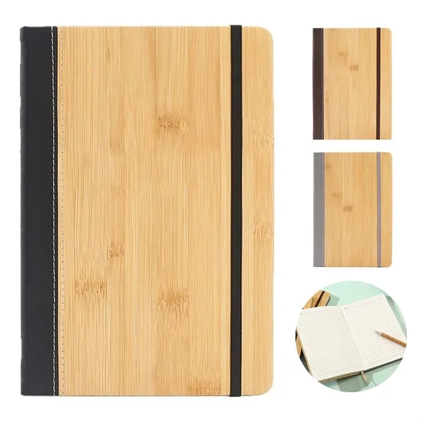 A5 Bamboo-Pattern PU Leather Notebook w/ Elastic Band