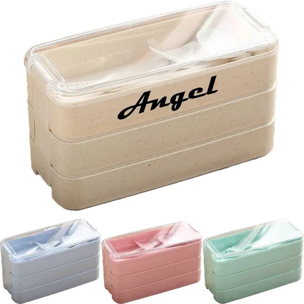3 Tiers Wheat Straw Lunch Box w/Utensils