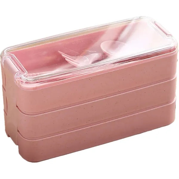 3 Tiers Wheat Straw Lunch Box w/Utensils