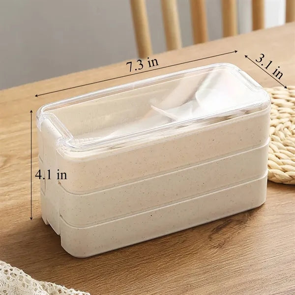 3 Tiers Wheat Straw Lunch Box w/Utensils