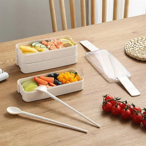 3 Tiers Wheat Straw Lunch Box w/Utensils