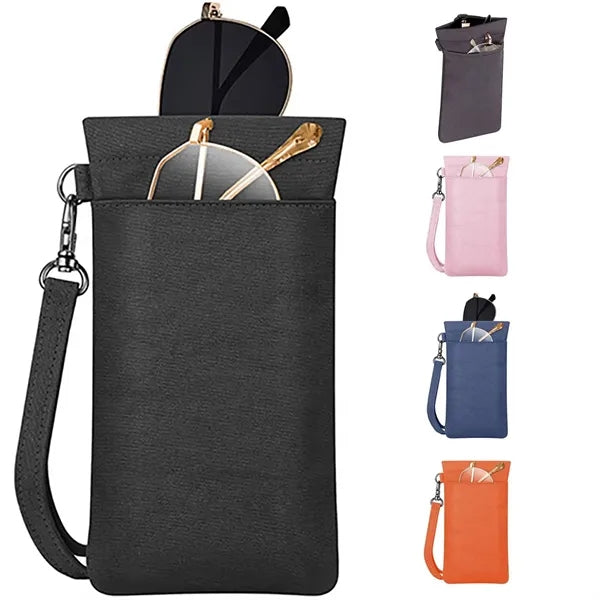 PU Leather Two Pocket Eyeglass Pouch w/ Carrying Strap