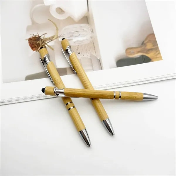 Retractable Bamboo Ballpoint Pen w/ Stylus