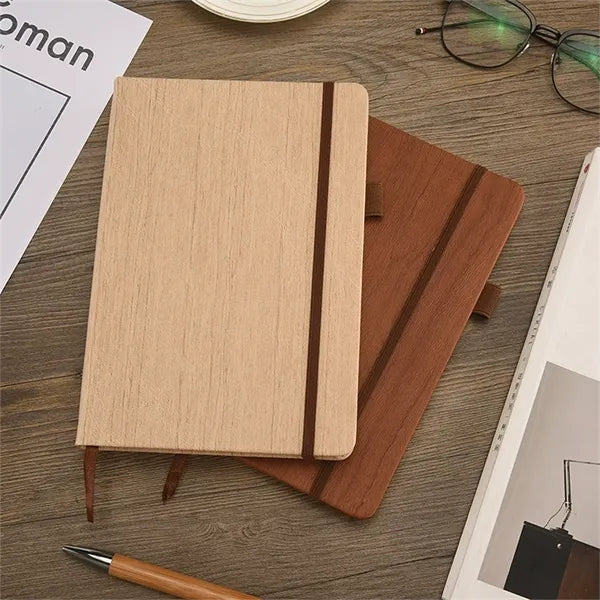 A5 PU Leather Wood Grain Notebook w/ Pen Holder