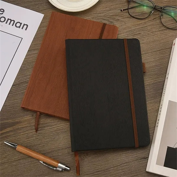 A5 PU Leather Wood Grain Notebook w/ Pen Holder