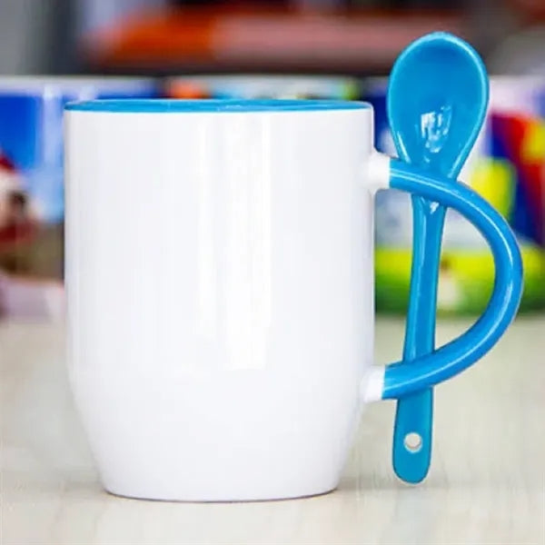 12Oz. Two-Tone Ceramic Mug Set with Integrated Handle Spoon