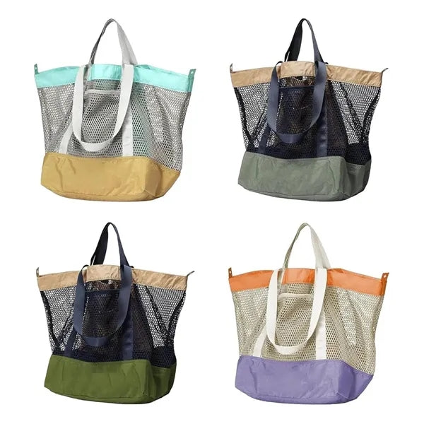 Large Reinforced Mesh Beach Tote Bag With Canvas Bottom