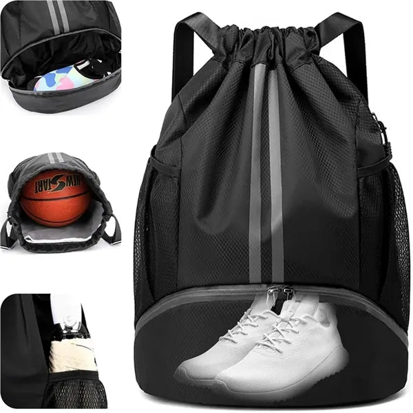 Drawstring sports bag featuring a waterproof pocket