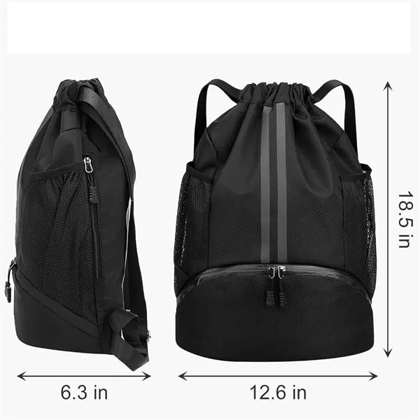 Drawstring sports bag featuring a waterproof pocket