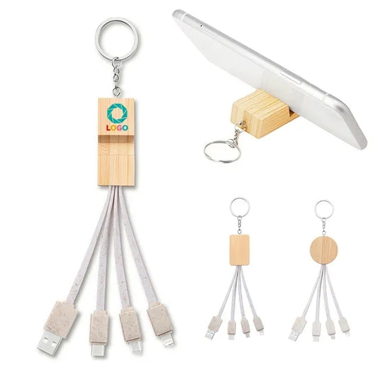 Wooden Phone Stand with 3 in 1 Charging Cable and Keyring
