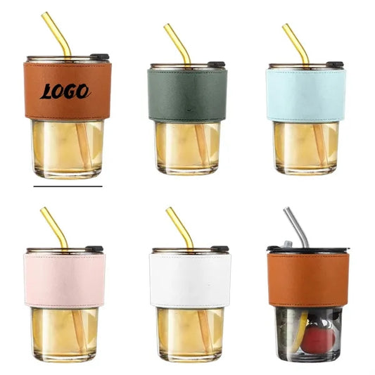 14oz Bamboo Glass Tumbler with Lid Straw and Leather Sleeve