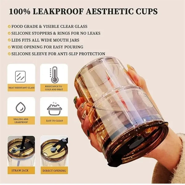 14oz Bamboo Glass Tumbler with Lid Straw and Leather Sleeve