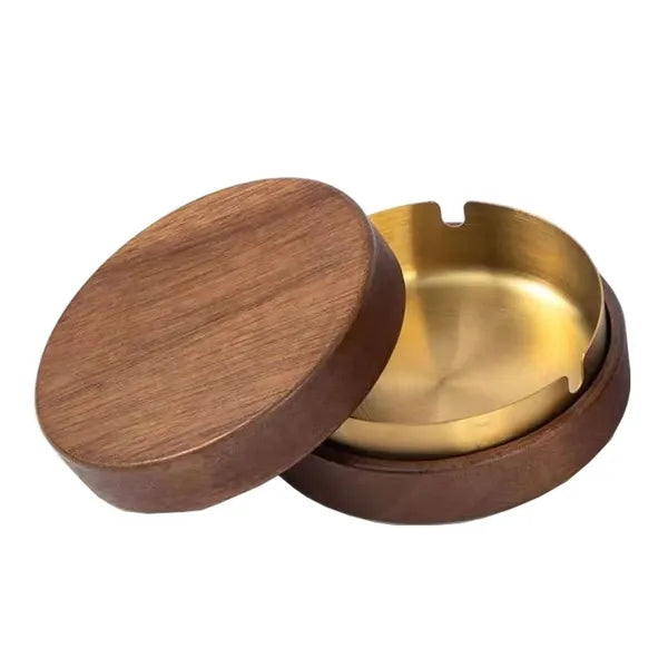 Wooden Round Windproof Ashtray w/ Lid