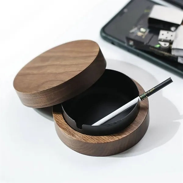 Wooden Round Windproof Ashtray w/ Lid