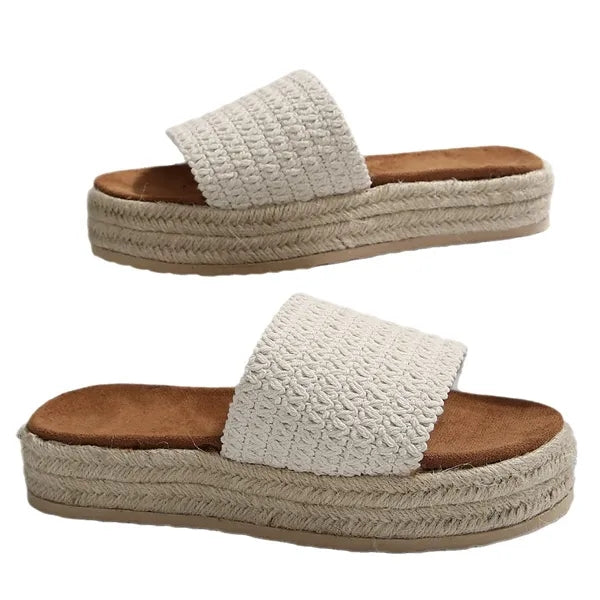 Women Open Toe Braided Jute Platform Sandals