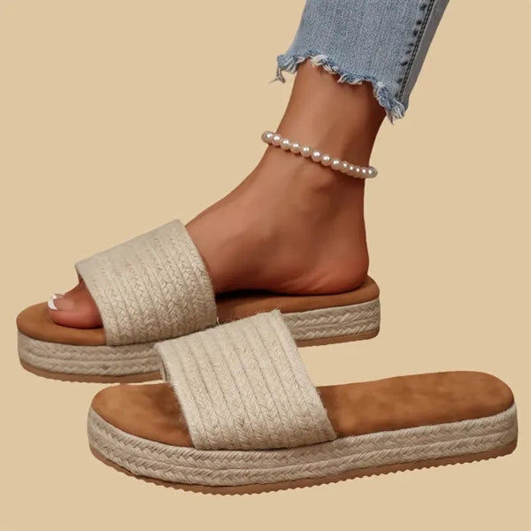 Women Open Toe Braided Jute Platform Sandals