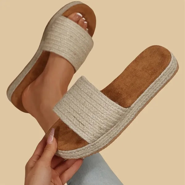 Women Open Toe Braided Jute Platform Sandals